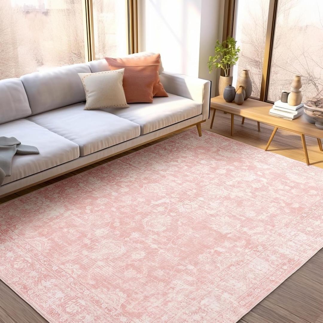 FROZZUR Boho Pink Area Rug 5x7 Soft Washable Vintage Rug with Non-Slip Backing for Living Room, Bedroom & Nursery, Cozy Home Decor