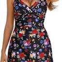 Halcurt Women's Twist Front Push Up One Piece Swimdress Ruched Swimsuit with Skirt Retro Bathing Suit Overall Floral S