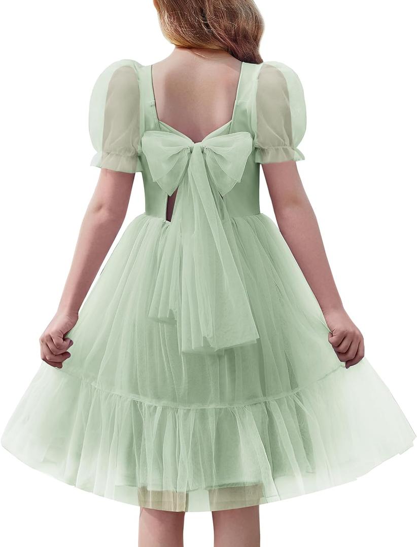 Arshiner Girls Dresses Tulle Bow Tie Back Puff Sleeve Party Holiday Spring Summer Dress (Green, L)