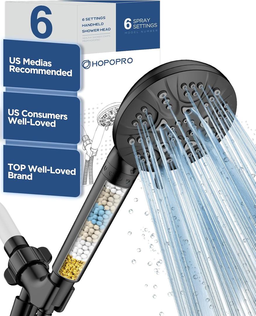 6-Mode High Pressure Handheld Shower Head with Filter, HOPOPRO High Flow Filtered Handheld Showerhead, Water Softener Filters for Hard Water - Removes Chlorine - Improves Skin Hair Condition (Matte Black Modern)