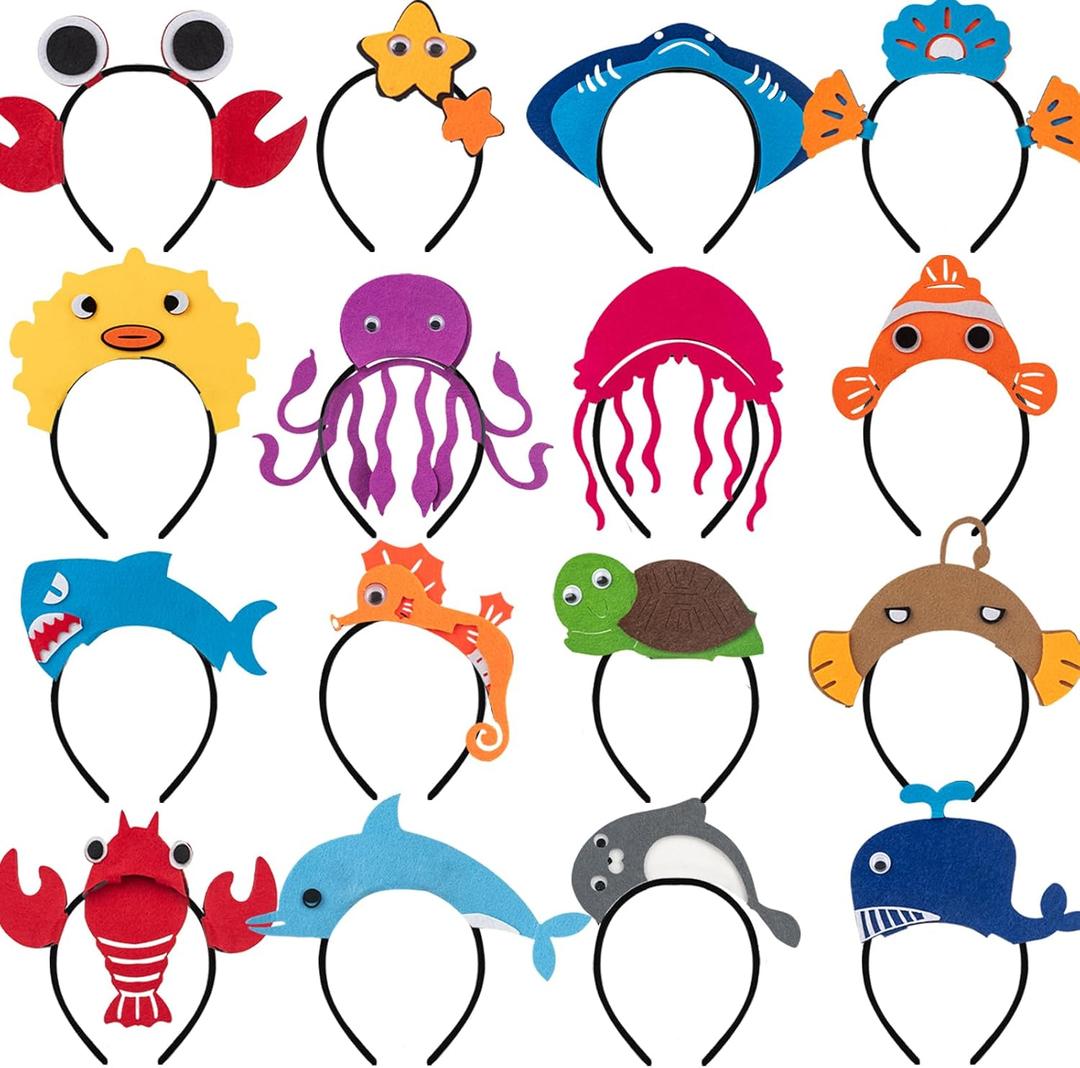 16 Styles of Felt Fabric Headband for Under The Sea Party Decorations, Ocean Animal Themed Party Favors, Beach, Pool, Mermaid, Zoo Parties Supplies, Kid Birthday Dress-up Hair Hoop, Halloween Costumes