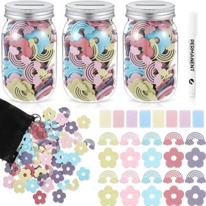 Bokon Reward Jar for Kid 3 Pcs Coin Jars for Behavior 200 Wooden Tokens 8 Name Tags Classroom Reward System for Kids Back to School Incentive Good Behavior Training (Bright Color, Flower)