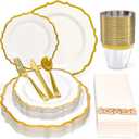 175 Plastic Dinnerware Set Gold Disposable Dinnerware Set for 25 Guests Include 50 Plastic Plates 25 Silverware Set 25 Cups and 25 Napkins for Mother's Day Party Wedding Birthday