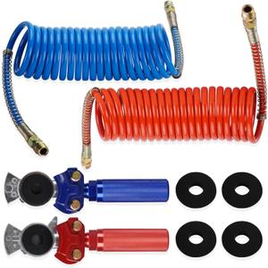 15FT Coiled Air Brake Line Hoses Kit Electrical Power Wire Assembly with 12" Tractor Lead, Gladhand & Handle Grips & Rubber Seals for Semi Truck Trailer