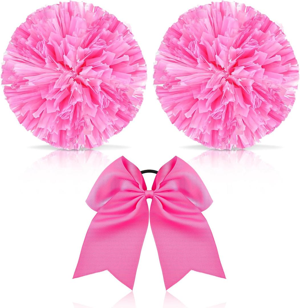 Hanaive 3 Pcs Cheerleading Pom Poms and Large Cheerleader Hair Bow Metallic Cheer Supplies for Team Spirit Sports Dance Cheering