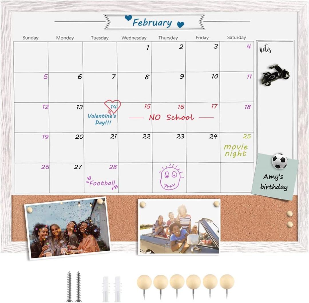 Dry Erase Calendar Whiteboard for Wall, Combination Magnetic Dry Erase White Board & Bulletin Board, 23.6" x 31.5" Wood Framed Calendar/Cork Combo Board(WH-6080)