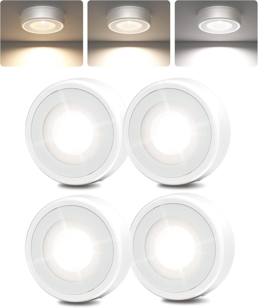 EZVALO LED Puck Lights, 50Lumens, Touch Light, 2.5'' Mini Tap Light, Rechargeable Sitck On Tap Lamp, 3 Color Temps, Under Cabinet Lights Wireless, Ideal for Kitchen, Closet, Pantry, Camper(4 Pack) (White)