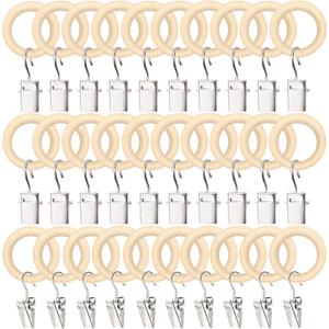 POVETIRE 30 Pack 2.5 Inch Wood Rings with Clips for Hanging Baby Headband Hair Accessories Baby Bib NecklaceJewelry Hat Holder