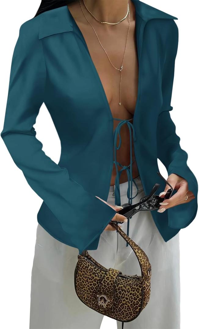 Cicy Bell Womens Sexy Tie Front Shirts Deep V Neck Silk Club Tops Long Sleeve Y2k Going Out Blouse (Large, Lake Blue)