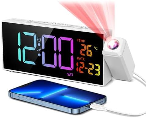Netzu Projection Clock for Bedroom Ceiling, Alarm Clocks with 180° Rotatable Projector, Date Temperature and Weekday, Manual DST, 5 Brightness, 10 Ringtones, 4 Volumes (White RGB)