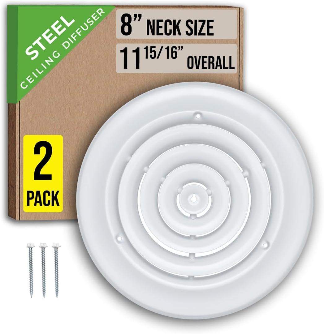 [2 Pack] Fits 8 Inch Neck Air Duct | Steel Round Air Supply Diffuser for Ceiling by Handua | Round Diffuser Vent Cover | White | Outer Dimension: 11-15/16"