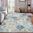 ROYHOME 9x12 Area Rug Large Moroccan Trellis Machine Washable Rug Vintage Medallion Distressed Accent Rug Stain Resistant Non-Slip Floor Cover Carpet for Living Room Bedroom, Blue/Yellow