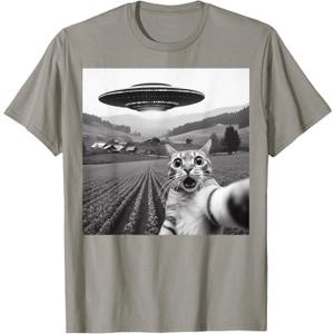 Cat Selfie With Alien UFO Funny Cat Gifts For Men Women Kid T-Shirt (Small, Gray)