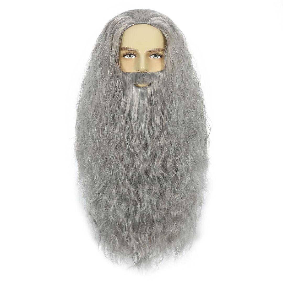 Wizard Beard and Wig Set, Grey Gandalf Beard Costume for Men, Realistic Long Wizard Beard for Halloween, Cosplay and Party Dress Up