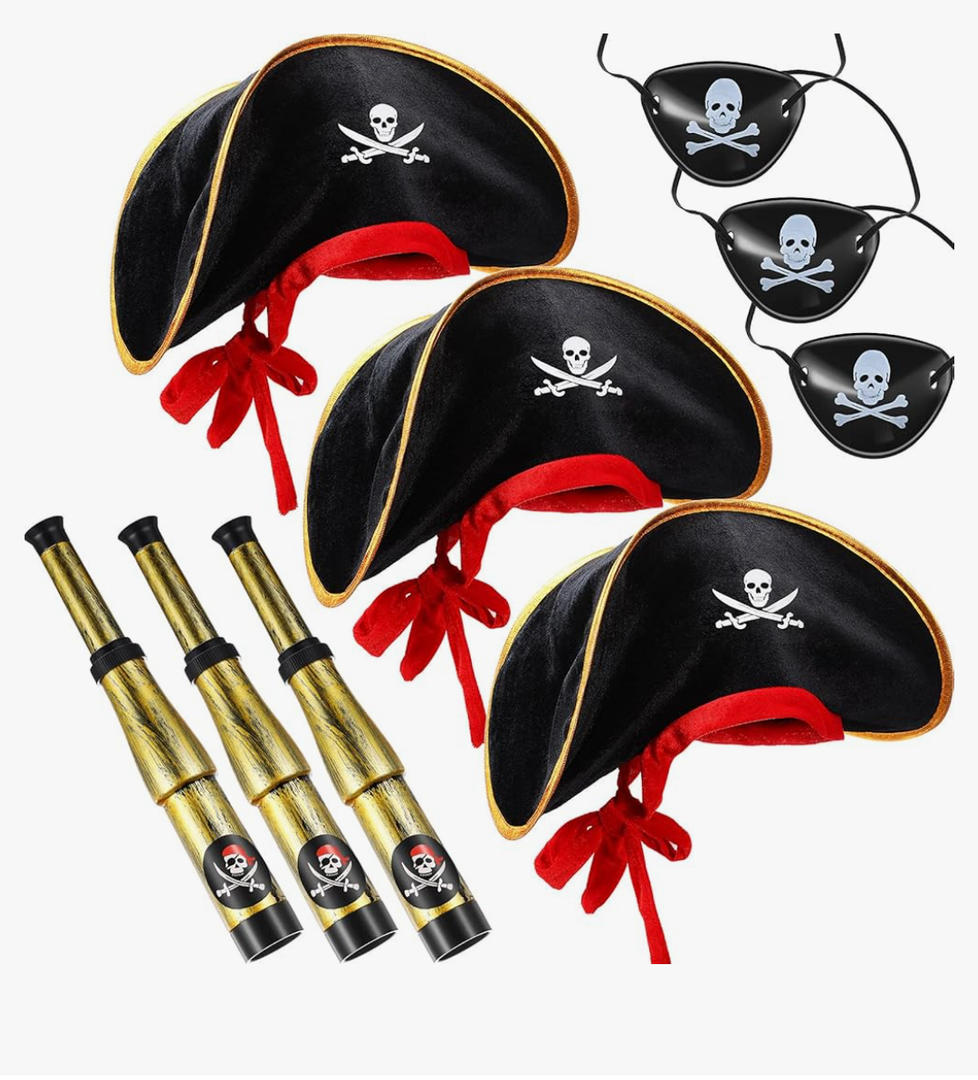 SKYLETY 9 Pieces Pirate Costume Accessories Telescopes Eye Patches for Halloween Cosplay (Pirate Captain Hat)