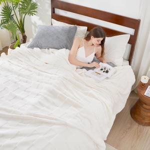 Cozy Bliss Checkered White Large Faux Rabbit Fur Queen Size Blanket, Soft Fuzzy Fluffy Minky Cream Furry Blankets for Couch, Bed (90 * 90 Inches Ivory 