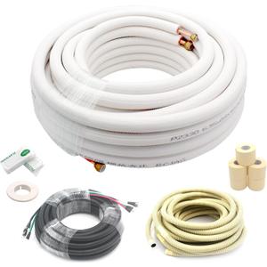 TAUROX 50FT Mini Split Line Set 1/4" & 3/8" O.D Copper Pipes Tubing and 3/8" White Thickened PE Insulation Coil, for Mini Split Air Conditioning or Heating Pump Equipment and HVAC with Flared Nuts.