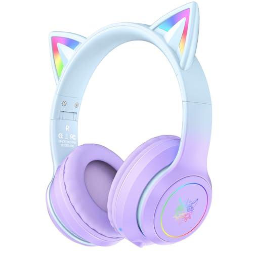 ONITOON Cat Ear Bluetooth Headphones with Micphone for Kids & Adults, LED Light Up Wireless HI-FI Sound Quality, Over-Ear Headphones with Volume Control for iPhone/iPad/Laptop/PC(55H Play Time)