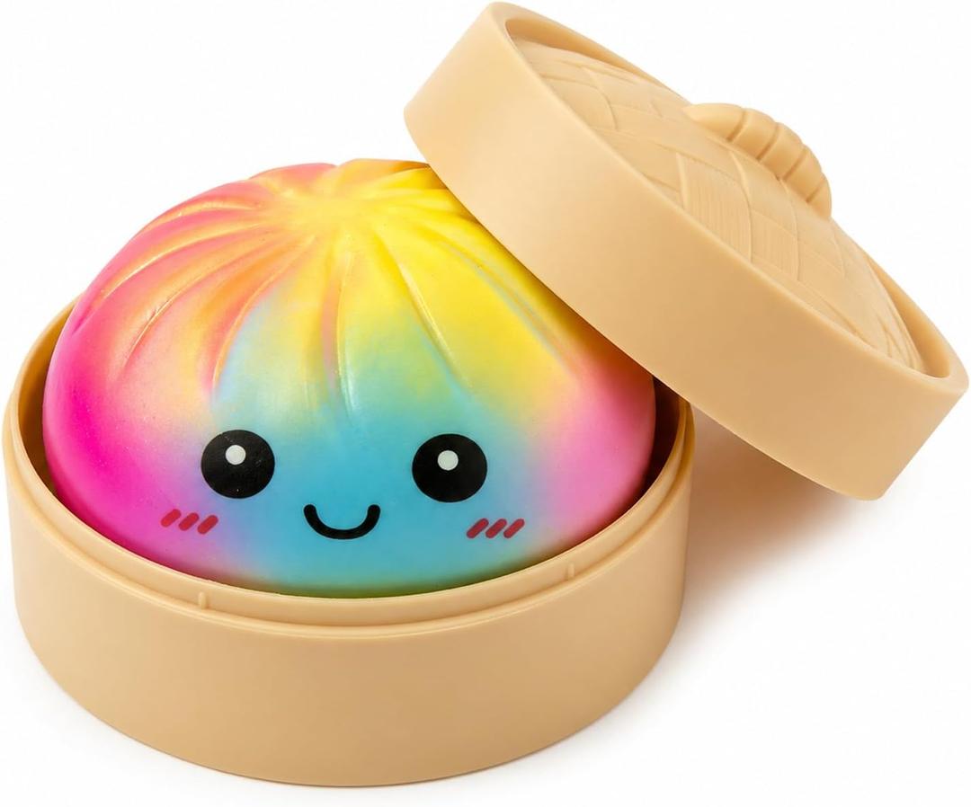 Vibrant Rainbow Gradient Dumpling Squishies Stress Balls, Colorful Squishies Dumpling Fidget Sensory Toy with Food Steamer, Squeeze Dough Ball for Stress Relief, Stretchy Desk Toys Gift