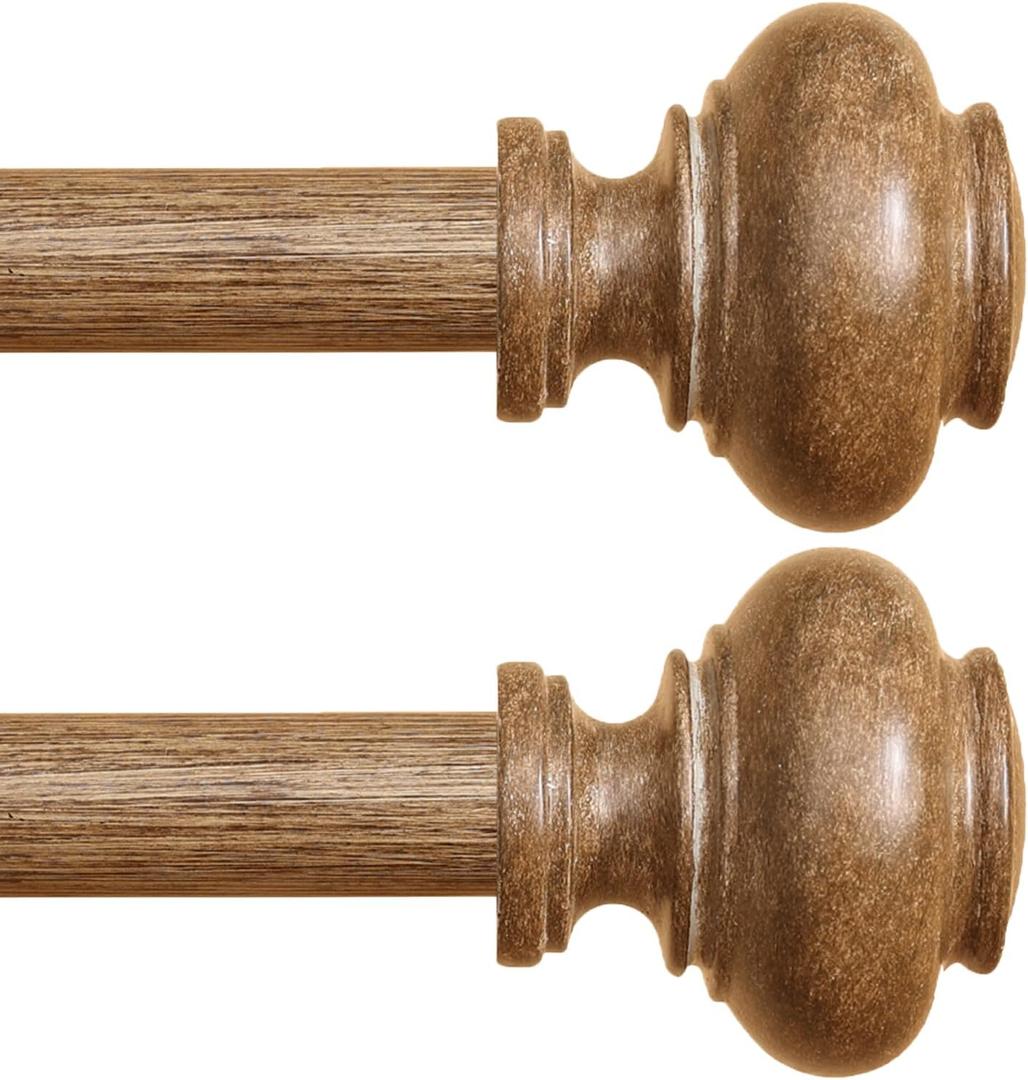 Wood Curtain Rods for Windows 66 to 120 Inch 2 Pack, 1 Inch Heavy Duty Boho Curtain Rods Adjustable Drapery Rod Decorative Window Rod for Farmhouse Kitchen Bedroom Living Room