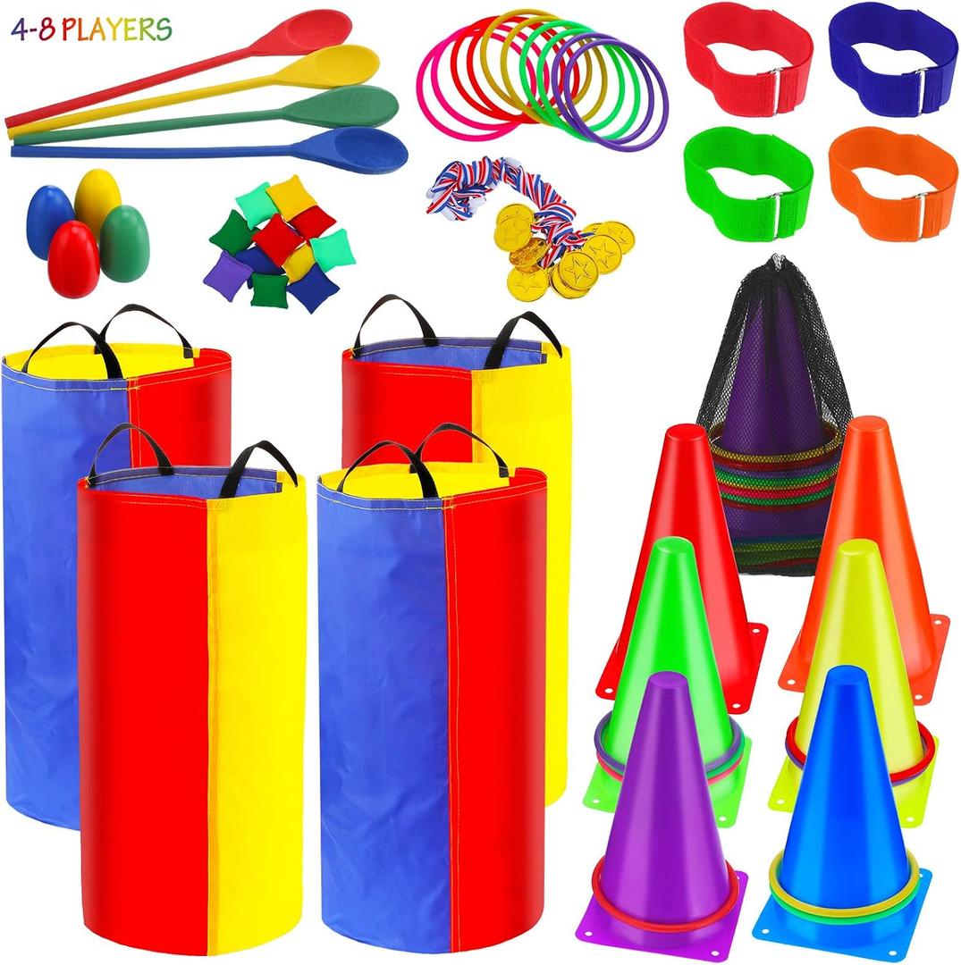 53 Pieces Outdoor Lawn Game Carnival Toss Set Potato Sack Race Bags Egg and Spoon Race Party Ring Bean Bag Tossing Cones Prizes for Adult Family Birthday Party Outdoor Game Supplies