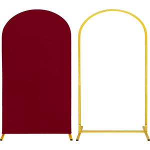 Metal Arch Stand and Cover Set,1 Burgundy Spandex Fitted Backdrop with 1 Gold Wedding Arched Stand Frame for Parties Birthday Baby Shower Bridal Banquet Decoration (7.2FT)
