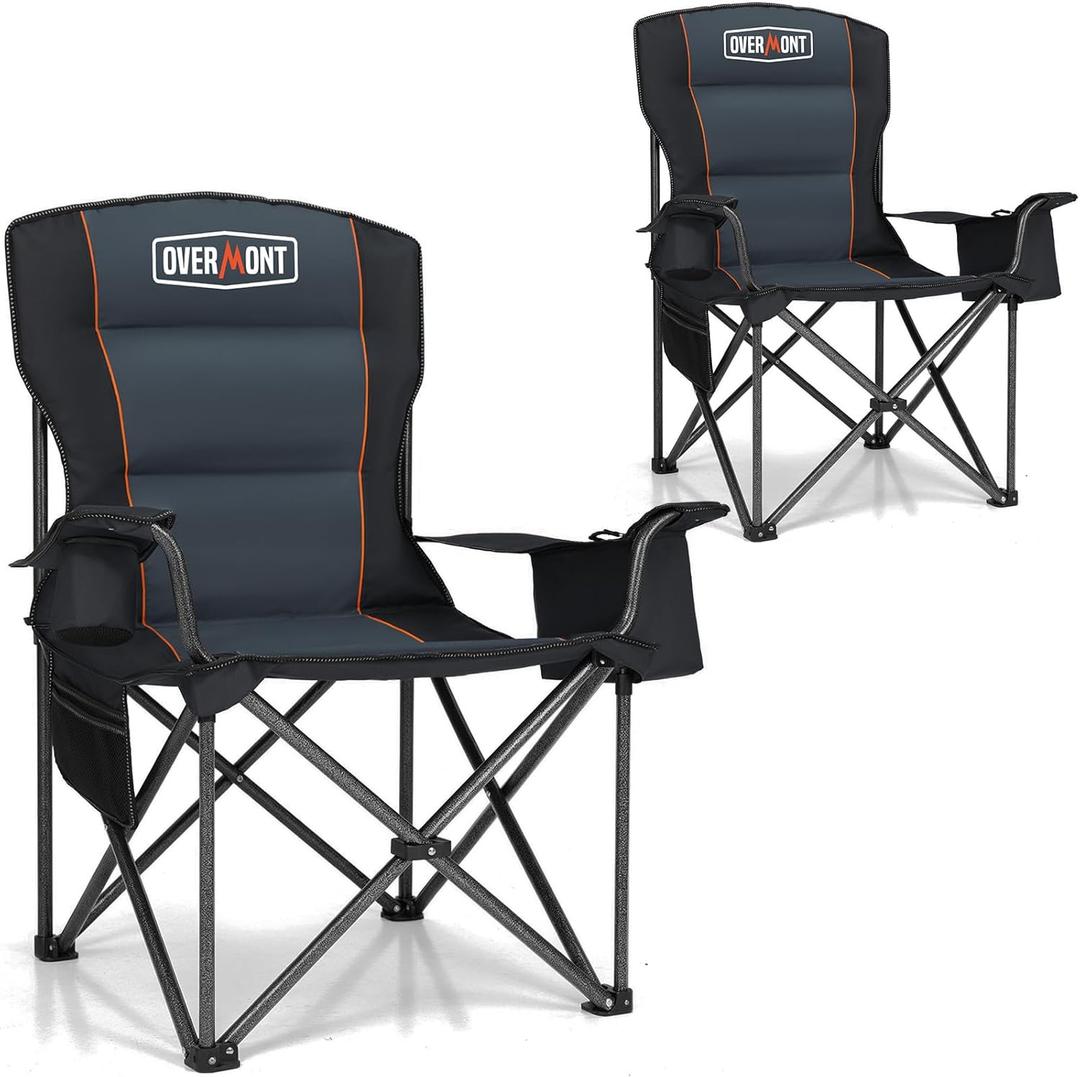 Overmont Oversized Folding Camping Chair - 450lbs Support with Padded Cushion Cooler Pockets - Heavy Duty Collapsible Chairs for Sports Garden Beach Fishing (2pcs, Black)
