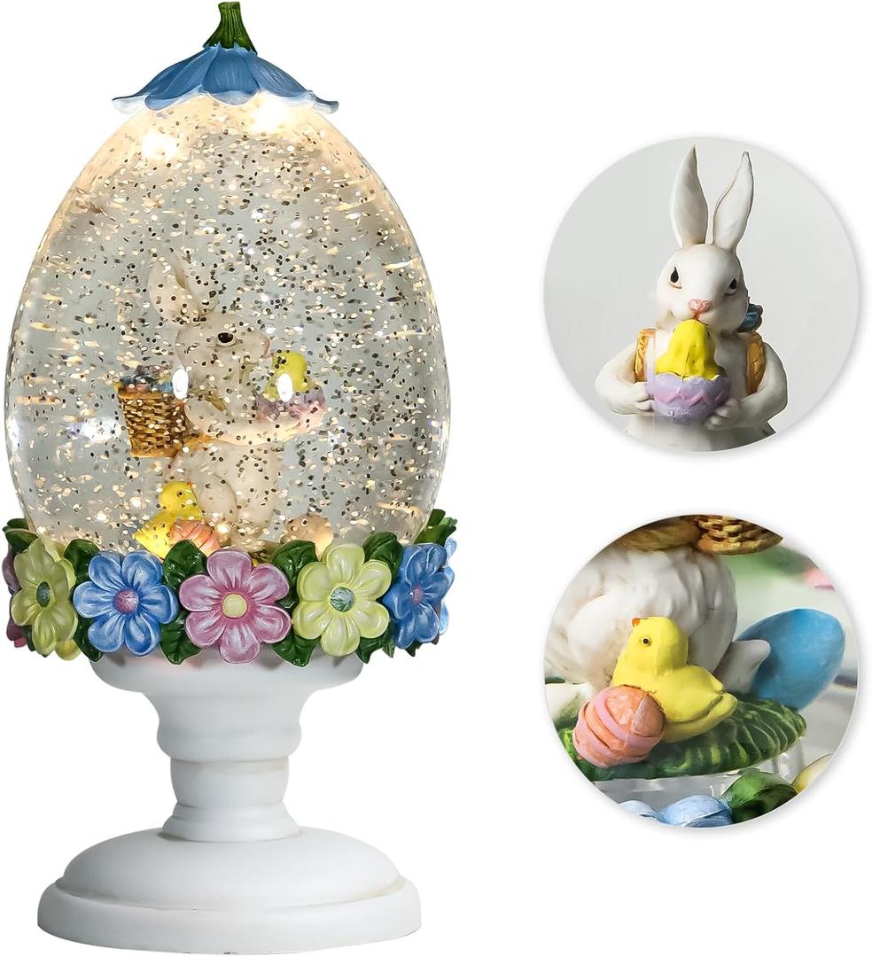 Easter Bunny Snow Globe for Easter Decorations, Easter Bunny Cradling a Chick Design with Lighting Functions USB or Battery Operated