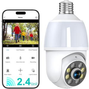 52HZ 2K Light Bulb Security Camera, 2.4GHZ WiFi Lightbulb Security Cameras Wireless Outdoor Indoor, Two-Way Talk, Human Detection, Color Night Vision, Light Socket Security Camera Work with Alexa