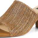 Ancomafio Heeled Sandals for Women，Raffia Sandals 2026 Chunky Heels Square Toe Mules Block Summer Shoes Slip On (Brown, M)
