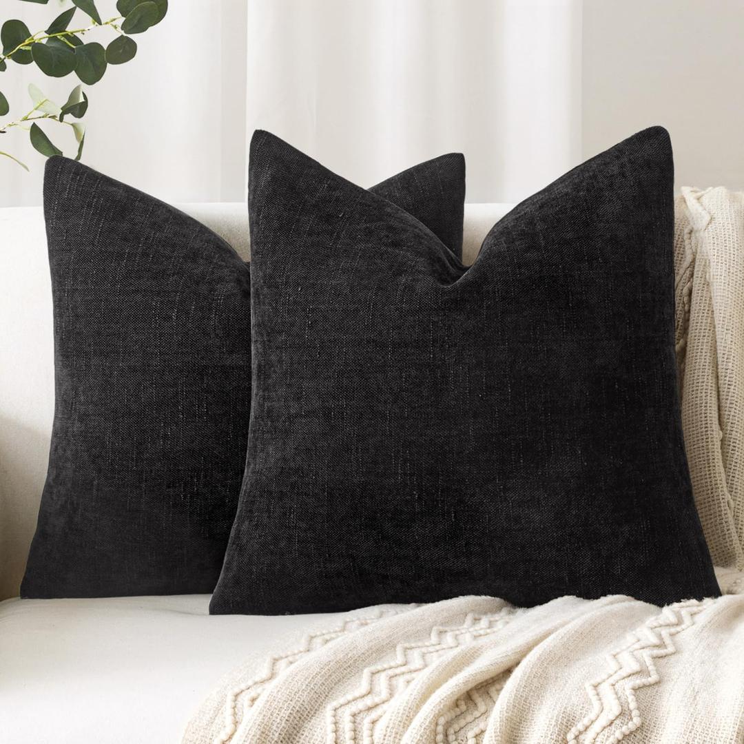 Woaboy Set of 2 Textured Throw Pillow Covers Decorative Soft Accent Square Chenille Pillowcases Neutral Farmhouse Cushions Modern Home Decor for Couch Sofa Bedroom Living Room 20x20 Inch, Black