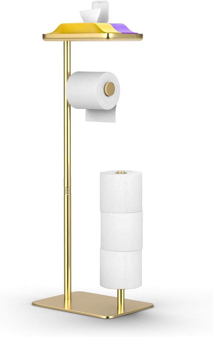 Day Moon Gold Toilet Paper Holder Free Standing Toilet Paper Holder with Storage - Toilet Paper Stand and Tissue Holder for Bathroom - Toilet Paper Holder with Shelf and Wipe Holder