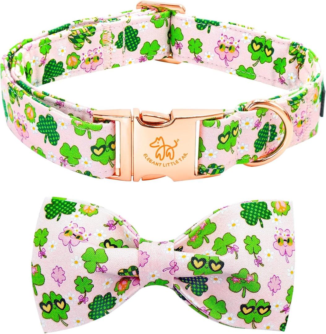Elegant little tail St Patrick's Dog Collar, Cute Colver Cotton Shamrock Pet Collar Trefoil Soft Puppy Collar Pink Holiday Adjustable Cotton Pet Collar with Bow for Small Medium Large Dogs (Small (Pack of 1))