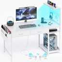 40 Inch Small Gaming Desk with Drawers & Led Lights & Storage Bag, White
