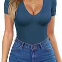 HOTOUCH Deep V Neck Tops for Women Sexy Low Cut Summer Ribbed Knit T Shirts Slim Fit Stretchy Basic Fashion Tee  (2XL, Blue)