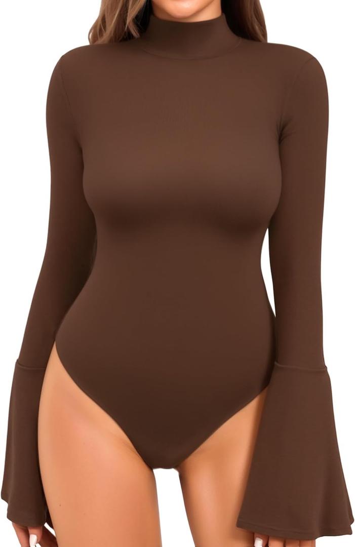 MANGOPOP Bell Sleeve Mock Neck Long Sleeve Bodysuit for Going Out Tops for Women (Medium, Coffee)