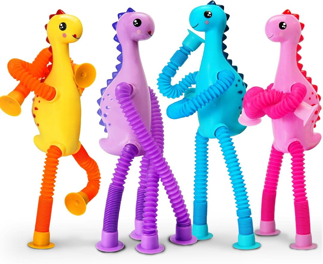 4Pcs Dinosaur Airplane Travel Toys Easter Basket Gifts for Toddlers Kids Boys Girls Sensory Suction Cup Tube ADHD Autism Road Trip Car Activities Essential Stocking Stuffer Valentines Day