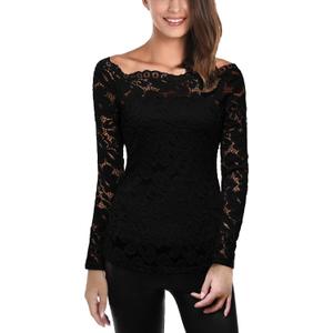 DJT Women Off Shoulder Tops Sexy Floral Lace Long Sleeve Slim Fit Tops T-Shirt Dressy Casual Party Clubwear (Medium)