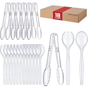Mwellewm 18Pcs Serving Utensils, 10'' Plastic Serving Utensils Set, Large Disposable Serving Spoons for Buffet, Tongs for Serving Food, Party Supplies for Salad Soup Noodles Dinner Catering(Clear)