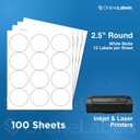 2.5" Round Labels - Permanent Adhesive, White Matte - Great for Candle and Jar Lids, Products, Favor Labels - Pack of 1,200 Circle Stickers, 100 Sheets - Inkjet/Laser Printers, OL350WX, OnlineLabels