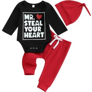 Twopumpkin Easter Baby Boy Outfit Newborn Long Sleeve Bunny Lamb Onesie Romper+Pants+Hat Infant Toddler Clothes Set (6-12 Months, Mr Steal Your Heart Black)