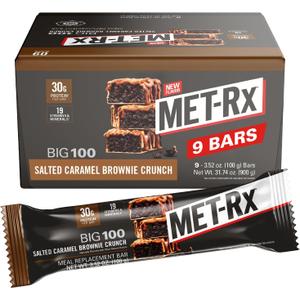 MET-Rx Big 100 Protein Bar, Meal Replacement Bar, 30G Protein, Salted Caramel Brownie Crunch, 9 Count, 3.52 Oz.(Packaging may vary)