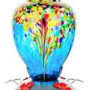 WOSIBO Hummingbird Feeder for Outdoors Patio Large 32 Ounces Colorful Hand Blown Glass Hummingbird Feeder with Ant Moat Hanging Hook, Rope, Brush and Service Card (Blue-White)
