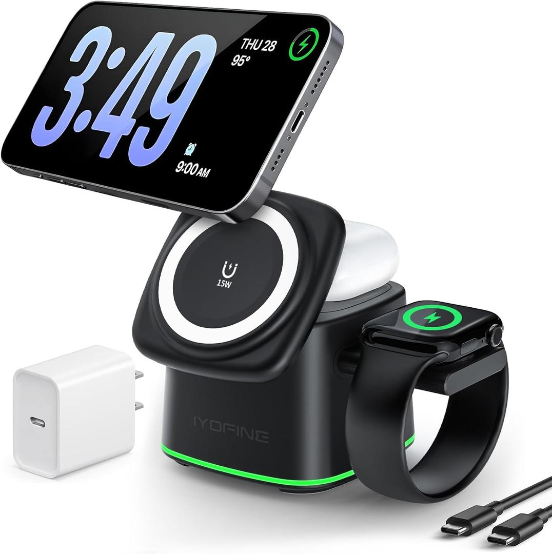 3 in 1 Charging Station for Apple Devices, Charger Stand for MagSafe, Qi2 15W Wireless Charging Station for Apple Watch& iPhone & AirPods& iWatch (with PD 30W Adapter) (Black)