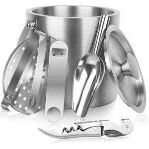 3L Ice Buckets for Parties 6PC Set, Stainless Steel Double-Wall Insulated Ice Bucket with Lid, Scoop, Tongs, Beer & Wine Opener – Ideal for Cocktail Bar, Outdoor Events & Keeps Ice Frozen Longer