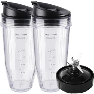 Ninja Blender Cups Replacement Parts 5-Piece Set: 2 x 24oz Cups with Lids & 7-Fins Blade, Fits Nutri Ninja BN401 BN751 BN801 BL450 BL480 BL640 NN100