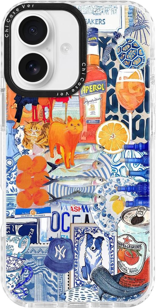 for iPhone 16 Plus Case, Mediterranean Aperol Collage Pattern, Military-Grade Drop Protection, Playful Coastal Soft Slim TPU Protective Cover with Camera Protection for Women & Girls (BeachsidePub)