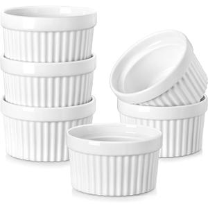 MALACASA Ramekins 6 oz Oven Safe, Porcelain Creme Brulee Ramekins Pudding Custard Cups Small Ceramic Souffle Dishes Ramakan Ramiken Ramicans Baking Bowls Set of 6, White, Series RAMEKINDISH