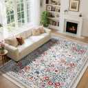 Area Rug Living Room Rug, 8X10 Rugs for Living Room Floral Boho Low Pile Super Soft Washable Rug, Stain Resistant Indoor Floor Non-Slip Carpet for Bedroom Bedside Dining Room Kitchen, Beige and Red