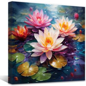 QIXIANG Watercolor Lotus Painting Canvas Wall Art Blooming Flower Pictures Zen Lotus Decor Artwork Framed for Bathroom Wall Decor (16.00" x 16.00", Lotus Flower 4)